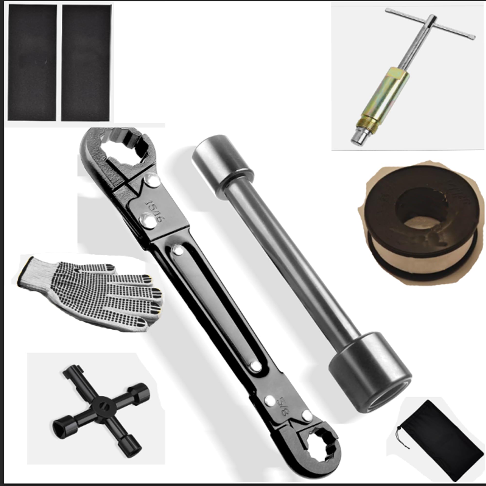 9 Pcs Plumbing Tools Kit, 1/2-Inch Compression Sleeve Puller &amp; Angle Stop Wrench, Sandpaper, Gloves, 4-Way Sillcock Wrench, And A Retractable Storage Bag For Use Involving Damage Or Corrosion.