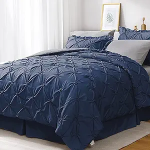 JOLLYVOGUE Queen Comforter Set 7 Pieces, Navy Blue/Gray Bed in a Bag Comforter Set for Bedroom, Bedding Comforter Sets with Comforter, Sheets,Ruffled Shams & Pillowcases