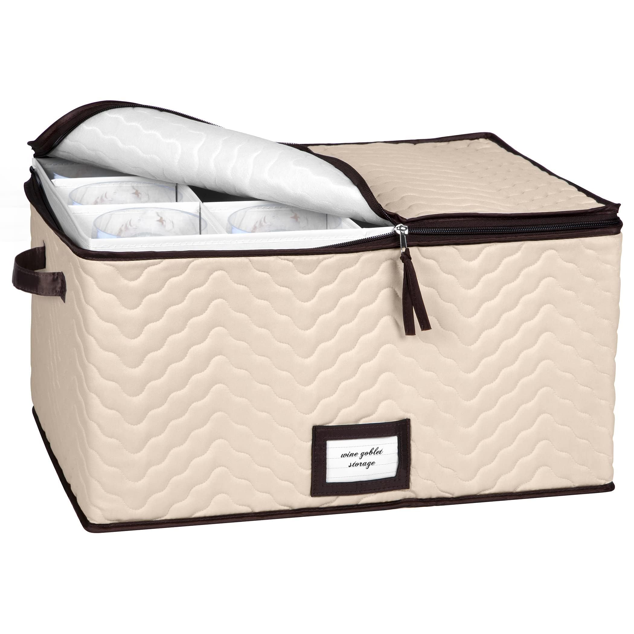 Wine Glass Storage Box with Dividers - Holds 12 Standard Size Wine Glasses up to 10" Tall - Stemware Storage Case - Protects Fine China - Durable Quilted Microfiber Bin with Carry Handles