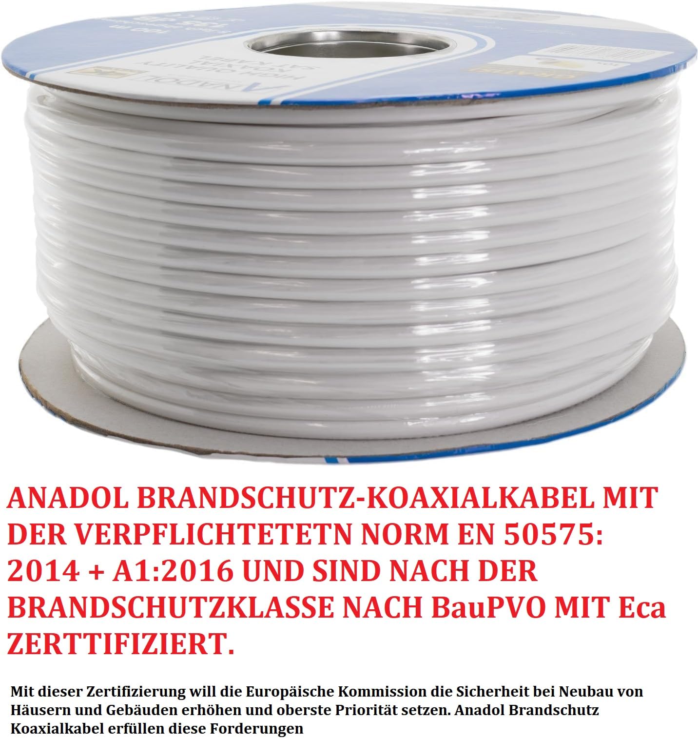 Anadol Câble coaxial anti-incendie avec 10 fiches F plaquées or 5 prises mâles Ø 7 mm 135 dB, blindé 5 fois, standard EN 50575 100 Meter