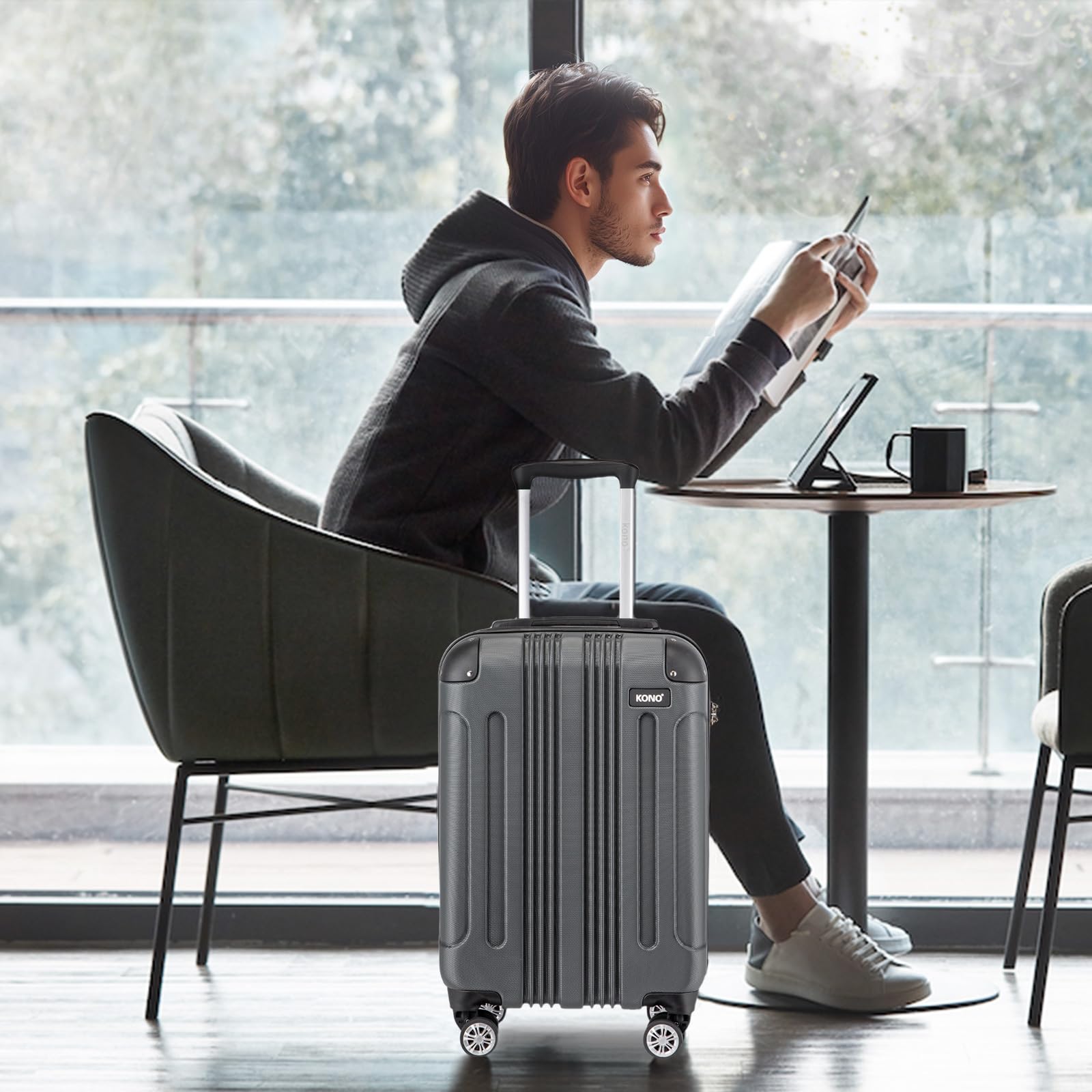 KONO Valigia Bagaglio a Mano 55x35x20cm Rigida e Leggera Trolley Piccolo in ABS con 4 Ruote Valigie da Viaggio, Grigio
