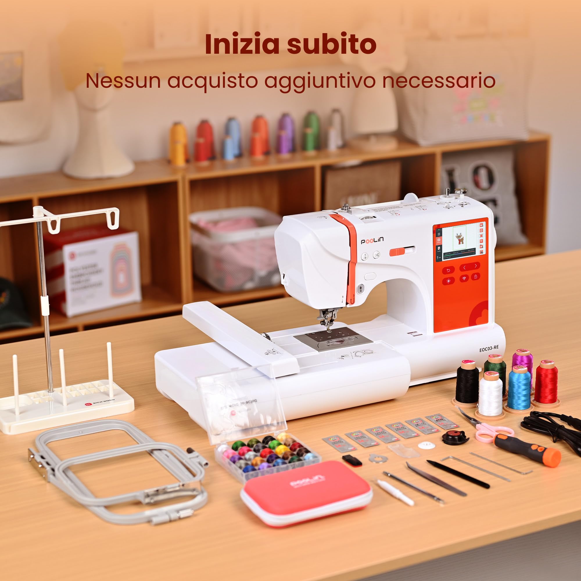 PooLin EOC03 Macchina da ricamo – Macchina da ricamo elettronica – Schermo tattile LCD da 4,3″, telai 10×10 cm e 10×23,5 cm, importazione motivi USB/Wi-Fi, ideale per principianti ed esperti
