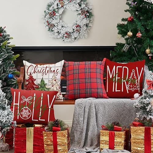 Miniatura 6 de DFXSZ Juego de 4 fundas de almohada de Navidad de 18 x 18 pulgadas, diseño de árbol de Navidad, Papá Noel, decoración de casa de campo para el