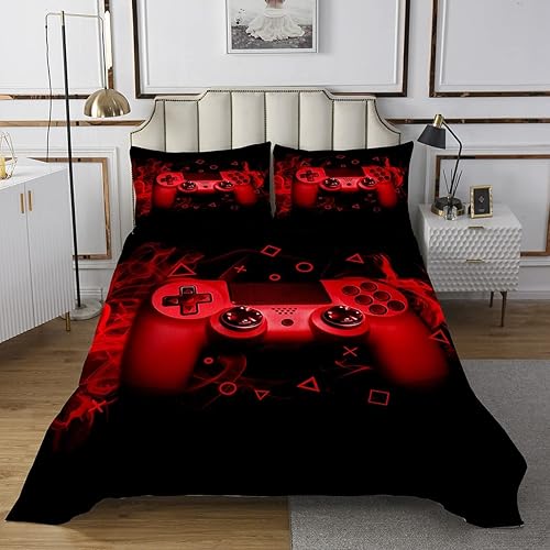 Feeyou - Juego de edredón de 3 piezas con controlador de videojuegos para niños, adolescentes, tamaño Queen, colcha de juegos para todas las