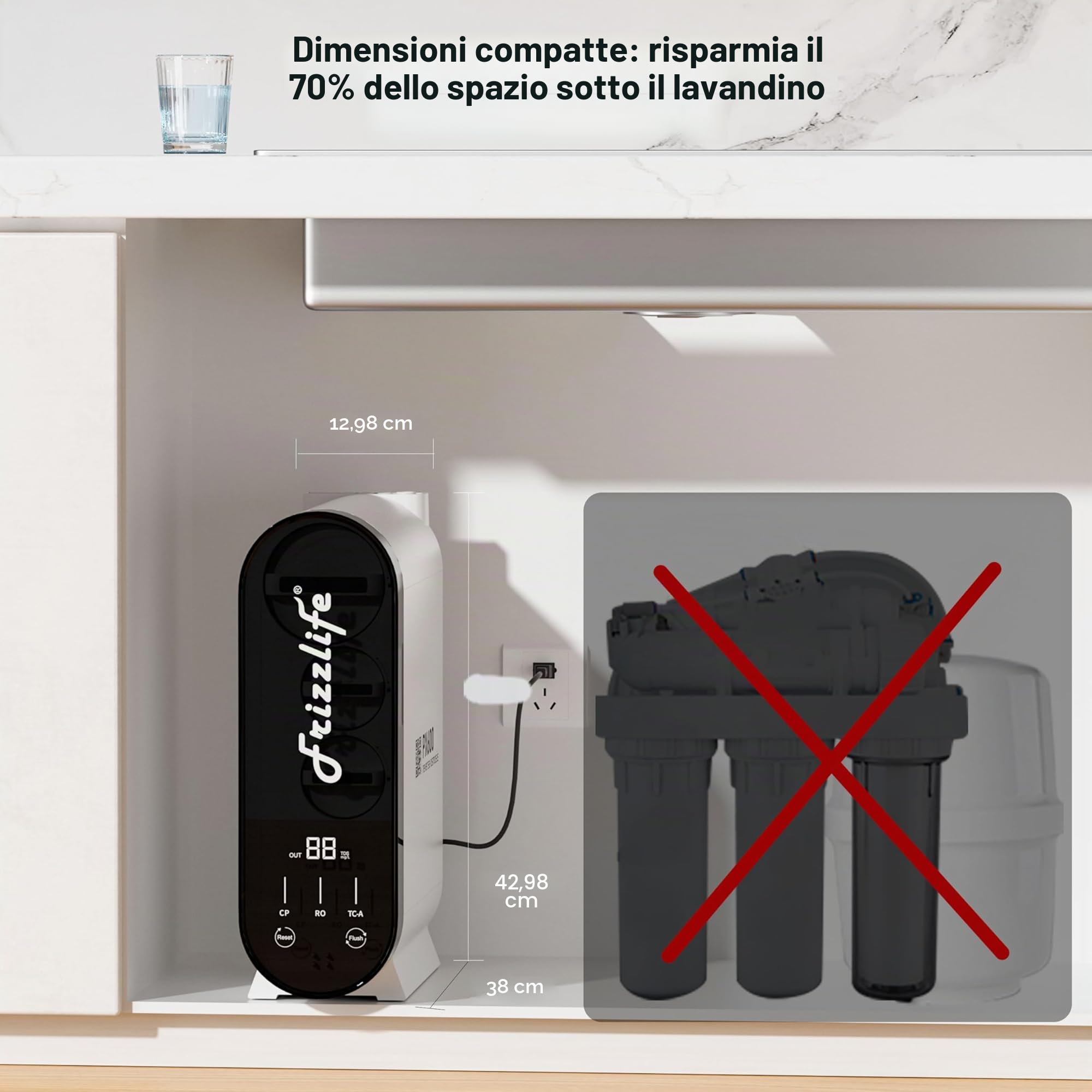 Frizzlife Impianto ad osmosi inversa, 600 GPD, decalcificazione RO, filtro dell'acqua inferiore, 2:1 puro per drenare, riduce TDS, senza serbatoio, senza BPA, PX600