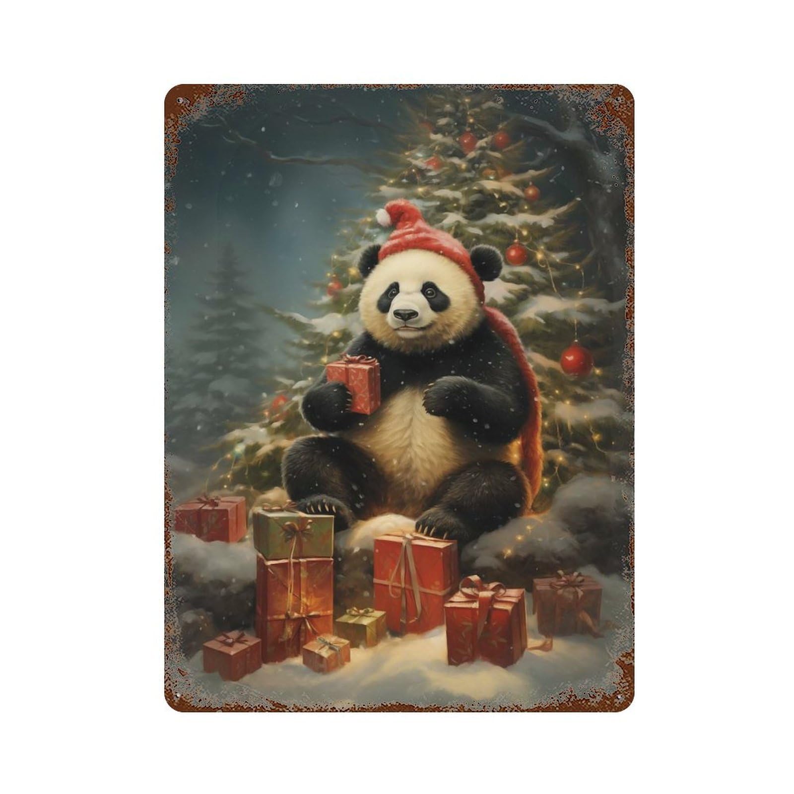 Garage Style Funny Panda Xmas Vintage Rust Metal Sign 15.7"x11.8", Retro Wall Decor for Bar And Workshop