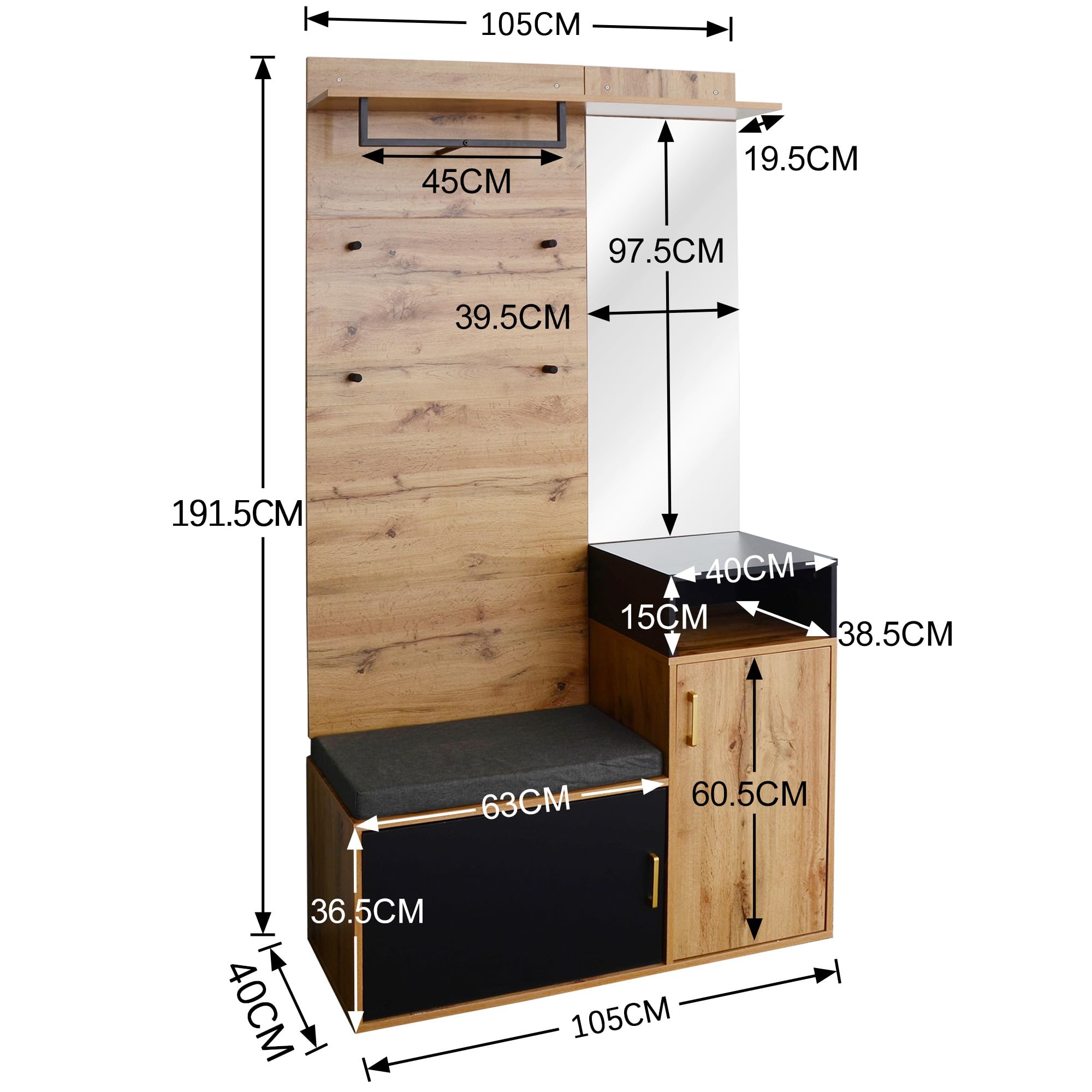 Ymkua Garderobenset Wandgarderobe, Flurgarderobe Set mit Schuhbank, Spiegel und Kissen, Garderoben Set mit 4 Kleiderhaken und Türen, Kompaktgarderobe, Wandgarderobe, 105 Lx40Bx191.5H cm