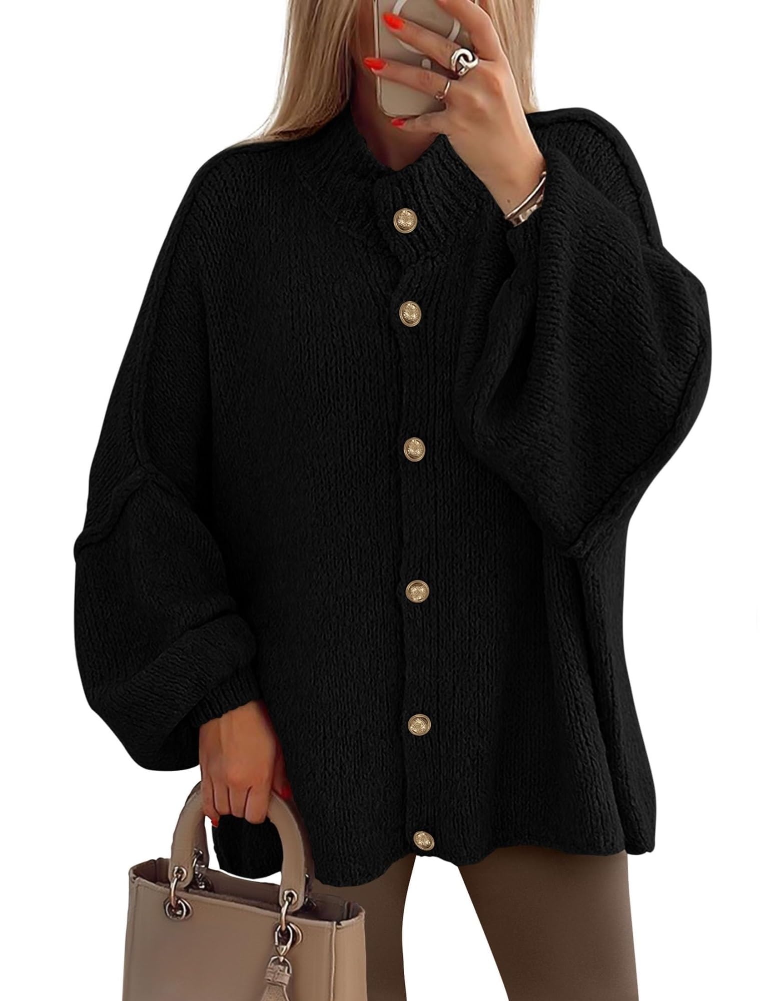 Women's Winter Button Down Cardigan Sweaters Mock Neck Lantern Long Sleeve Chunky Knit Jacket Trendy Outerwear(Black,S)