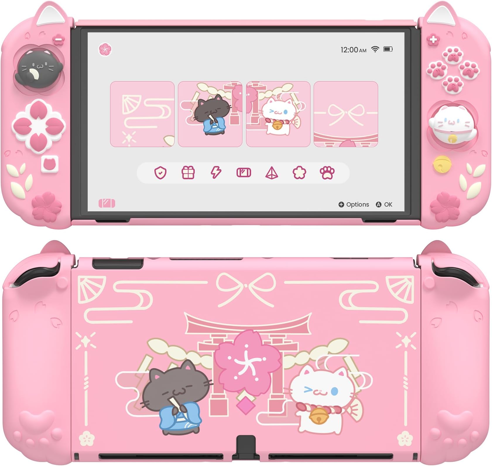 playvital Protective Case for Nintendo Switch OLED with Extra Stand - Cherry Blossoms Kitten Dockable Hard Shell Cover + Silicone Grips for Switch OLED with Thumb Grips, Shockproof - Pink