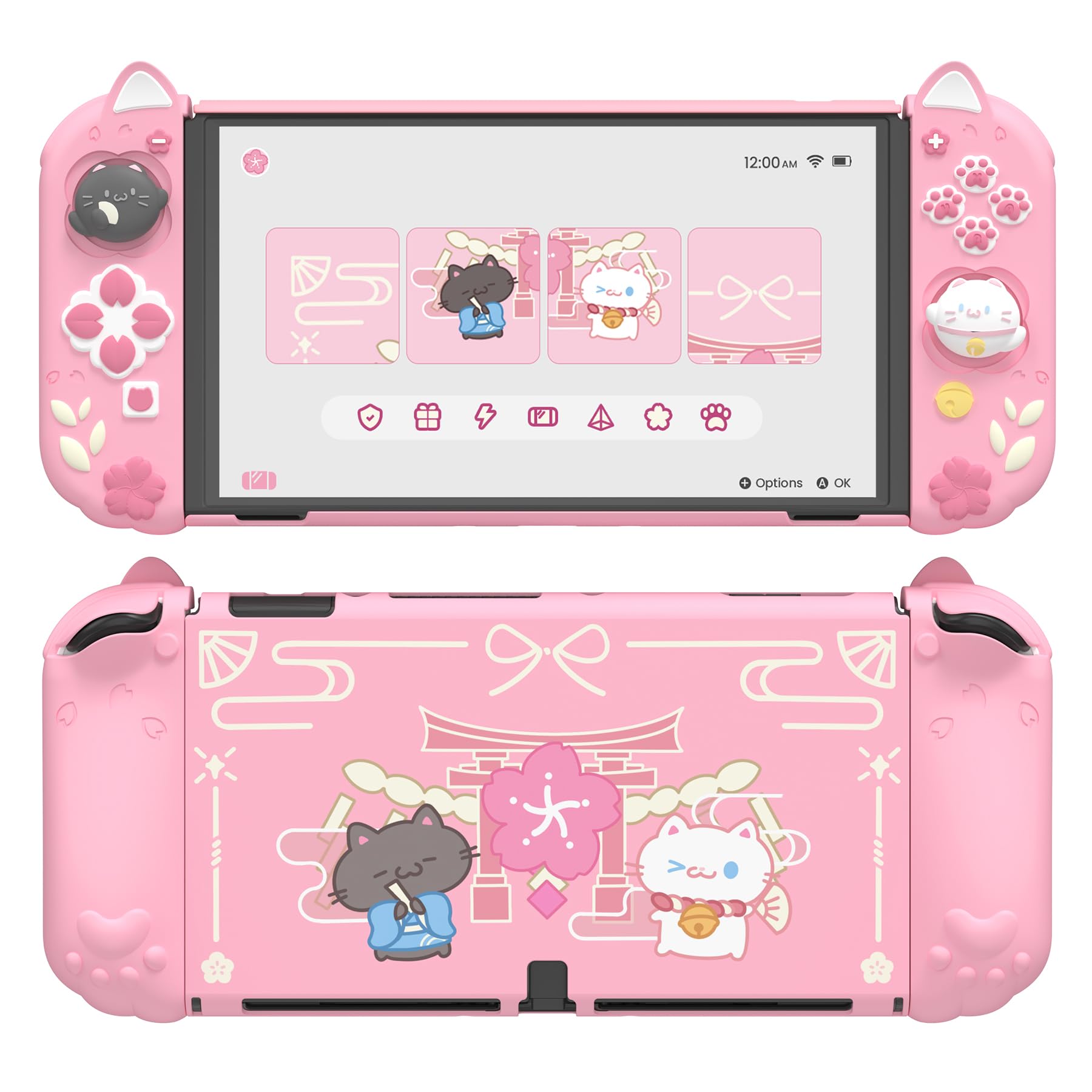 playvital Protective Case for Nintendo Switch OLED with Extra Stand - Cherry Blossoms Kitten Dockable Hard Shell Cover + Silicone Grips for Switch OLED with Thumb Grips, Shockproof - Pink