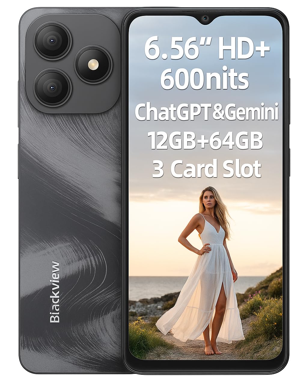 Blackview Wave 9C 4G AI Smartphone Offerte, 6,56'' 600nits Schermo, 12GB+64GB(2TB Esterna), 3 Assistenti Intelligenti IA, 13MP+8MP, 3 Slot per Schede, Android 15 DUAL SIM Cellulare Libero, GPS Nero