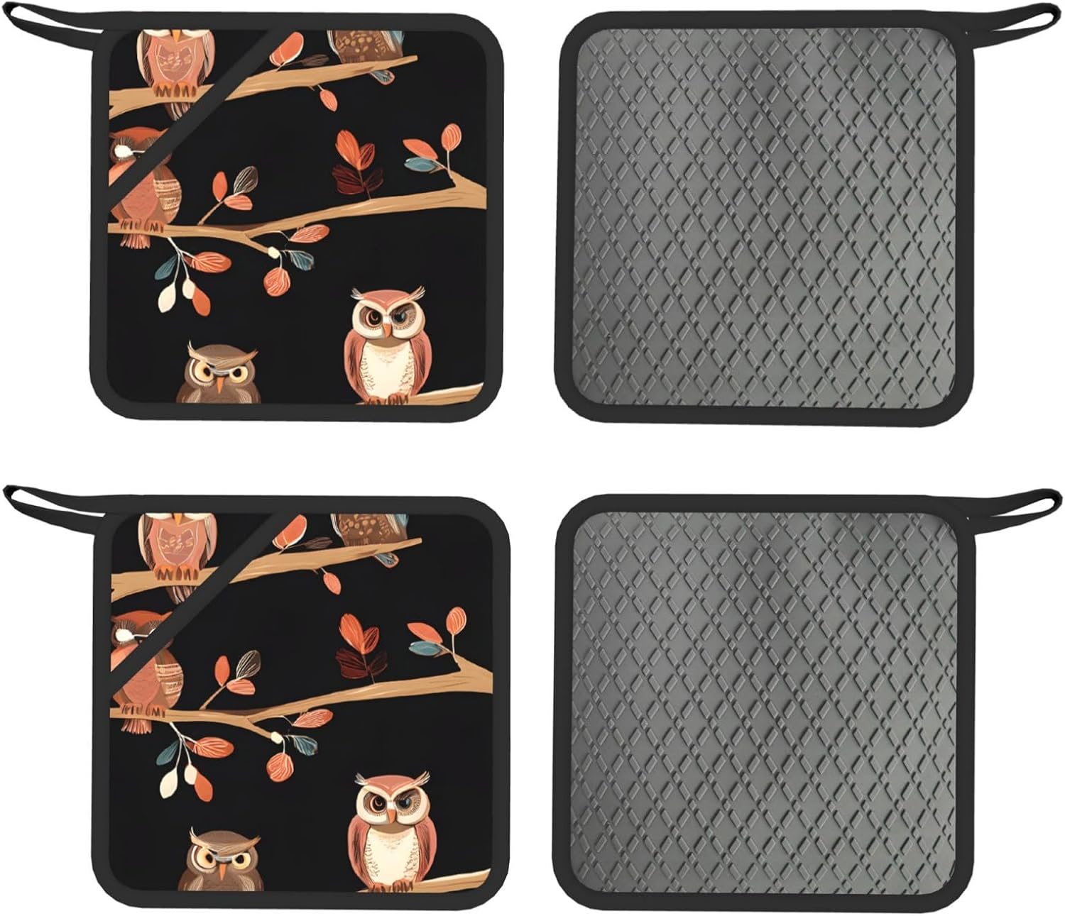 Cute Brown Cartoon Owls Oven Mitts and Pot Holders Set of 4 Heat Resistant Kitchen Gloves with Silicone Palm Hot Pads for Baking Cooking Grilling BBQ