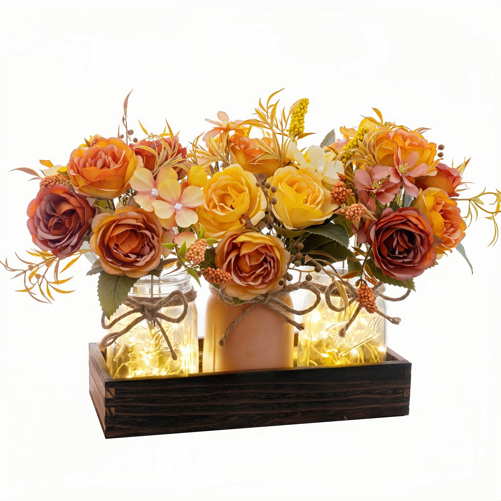 Fleurs d'automne artificielles SUNNY BROOK lot de 3 bocaux Mason avec plateau en bois rustique