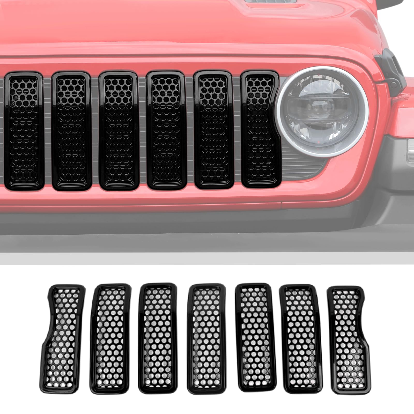 JWWY for Jeep Front Grille Mesh Inserts Cover Trim Compatible with 2024 Jeep Wrangler JL JLU & Gladiator JT 4xe Exterior Accessories ABS 7pcs With Mesh Black?Don't Fit Oil Version Sport and Sports?