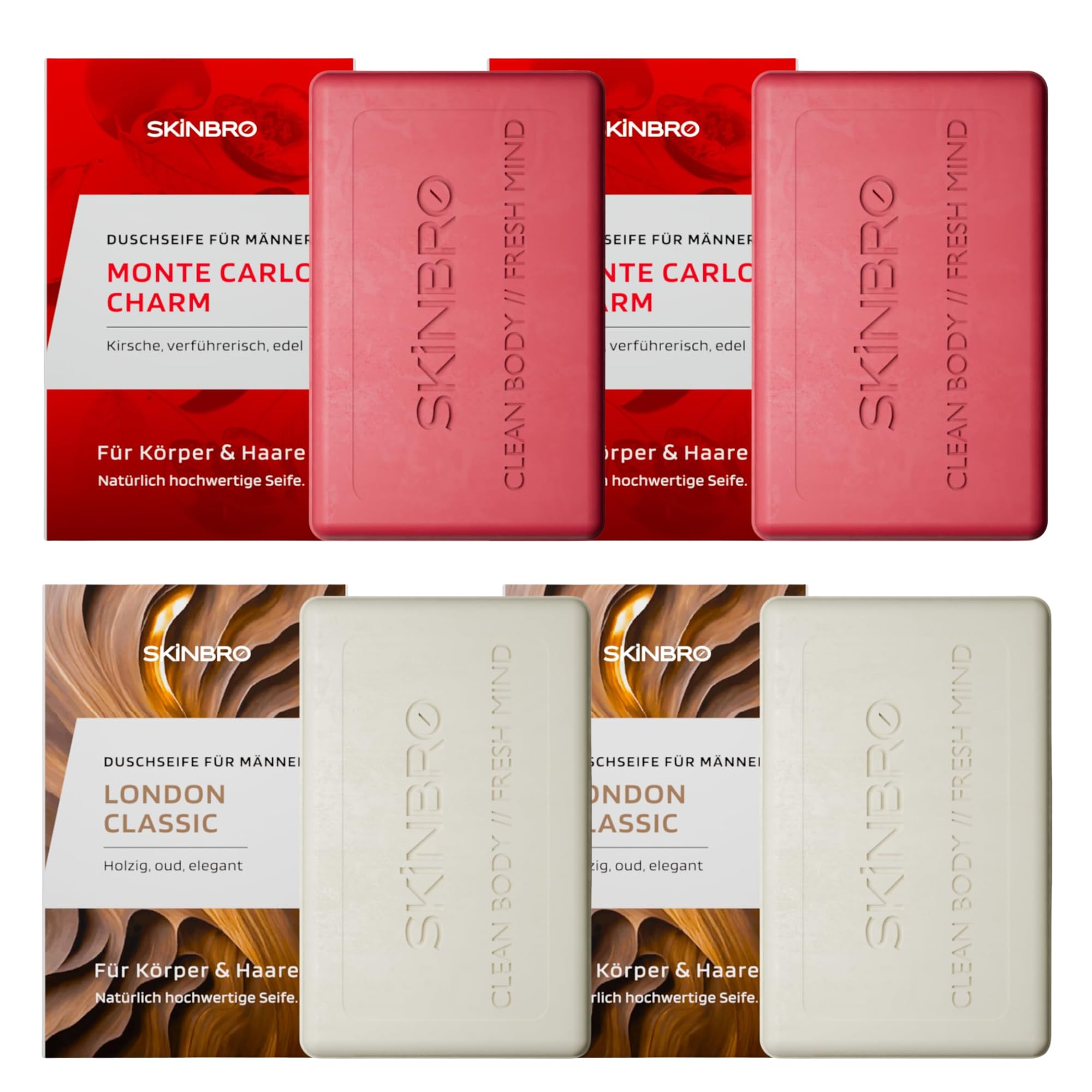 SKINBRO 4er Set Festes Duschgel Männer: 2x Monte Carlo Charm & 2x London Classic – Vegane Duschseife für Körper & Bart – Nachhaltig & Made in Germany