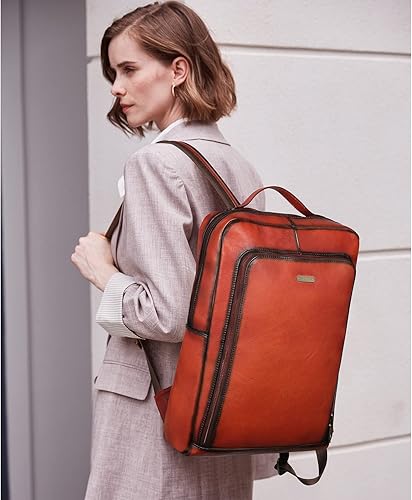 Miniatura 2 de CLUCI Mochila para computadora portátil de cuero genuino para mujer, 15.6 pulgadas, bolsa de viaje vintage, bolsa de negocios, 1-6 Rojo-marrón,