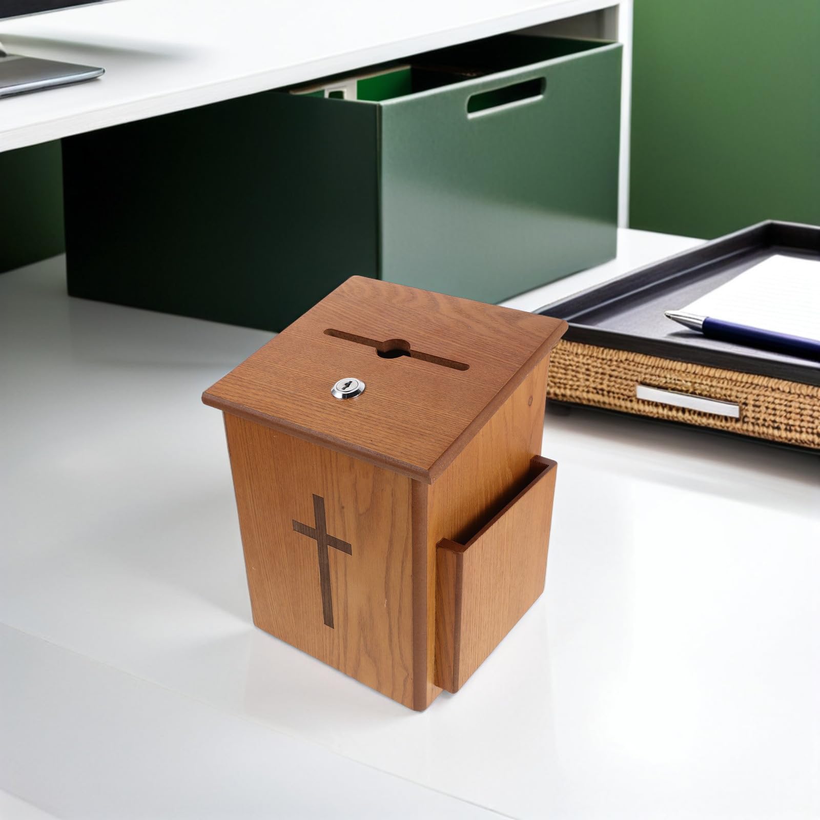 EXCEART Urna Cerradura de Madera, Caja de Donaciones de Mesa, Caja Tapa Abatible, Ligera y Segura, para Recaudación de Donaciones Comunitarias y Eventos Públicos