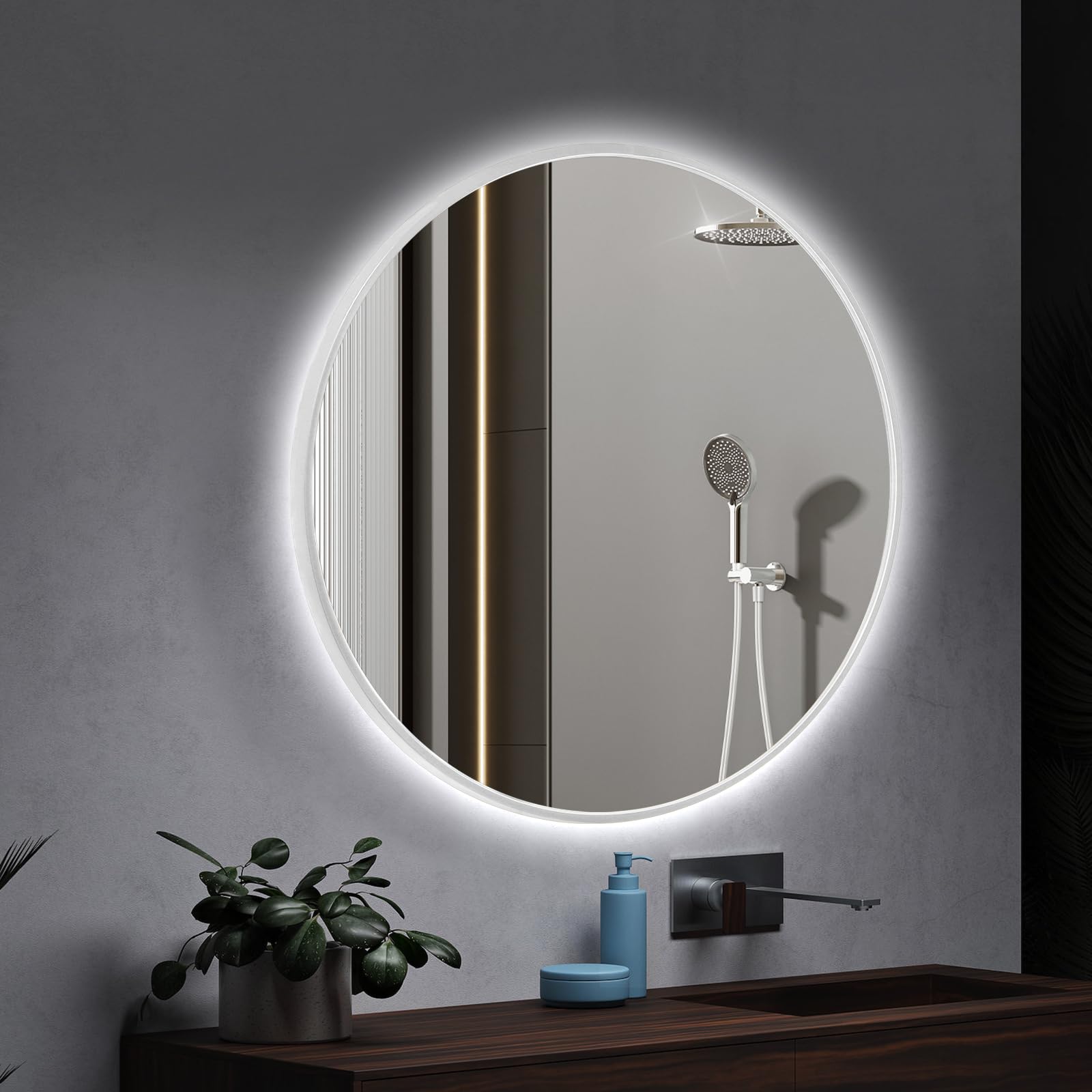 Niccy 32” Round LED Bathroom Backlit Mirror with Lights, Silver Frame Lighted Bathroom Vanity Mirror for Wall Circle Mirror with Anti-Fog, Light Up Mirror 3 Color ShatterProof
