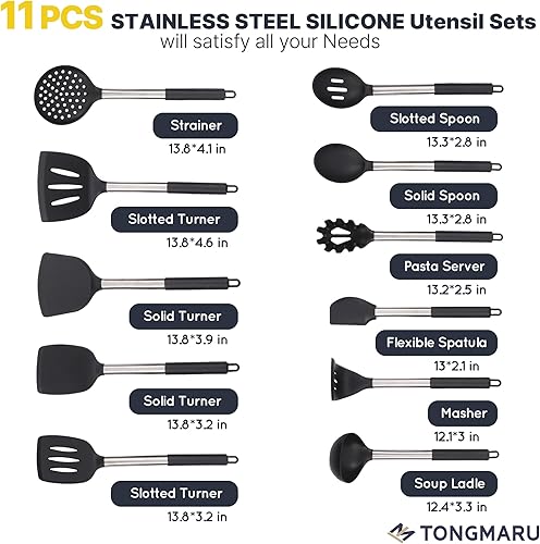Miniatura 9 de Juego de utensilios de cocina de silicona grande, 11 piezas, utensilios de cocina para utensilios de cocina antiadherentes, espátula, volteador,