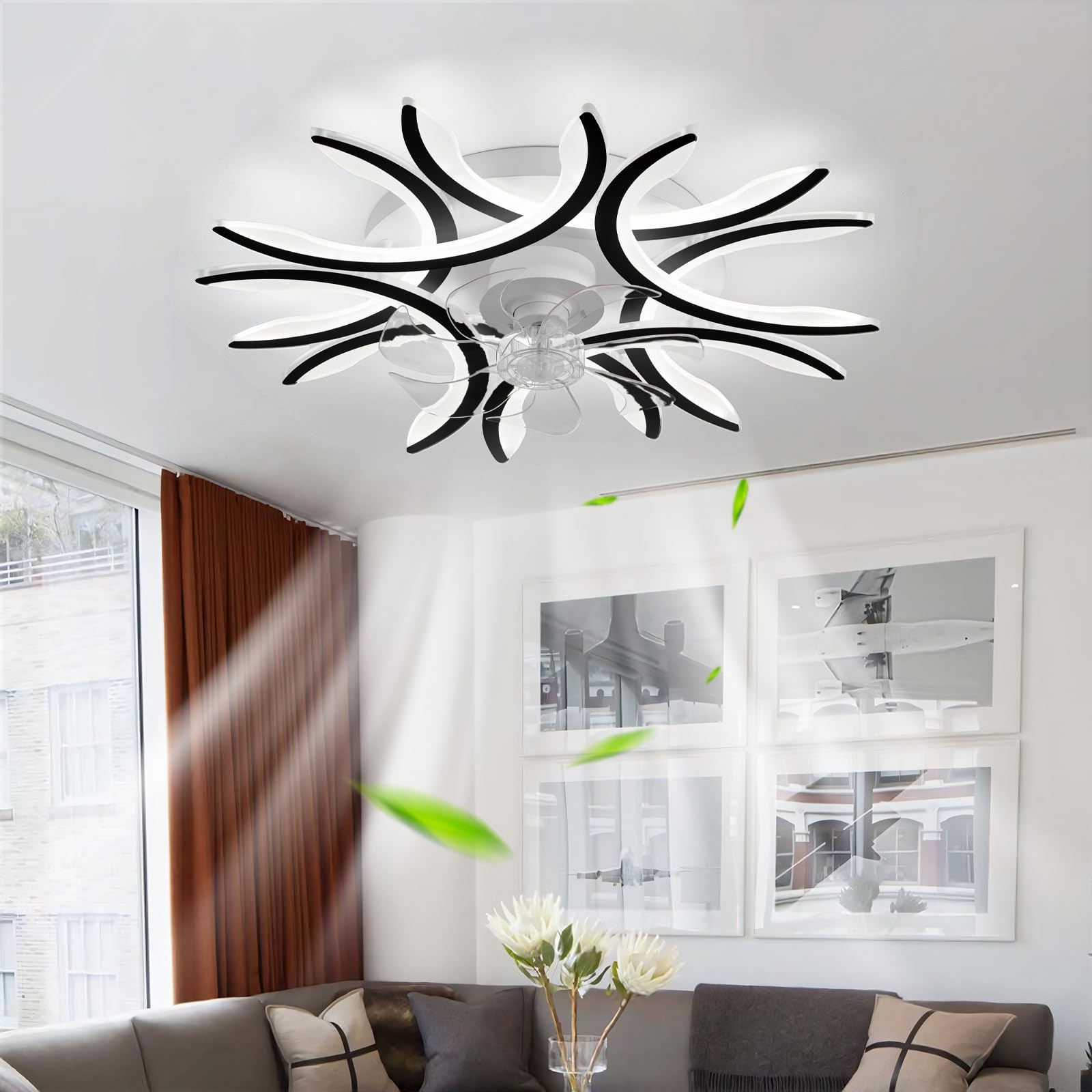 Dceinz Modern Ceiling Fan Light Bedroom Dimmable LED Light Fan Ceiling Remote Control Silent Reversible Ceiling Lights with Fan 6 Speed Large DC Smart Flower for Living Room, Kitchen, Lounge-Black