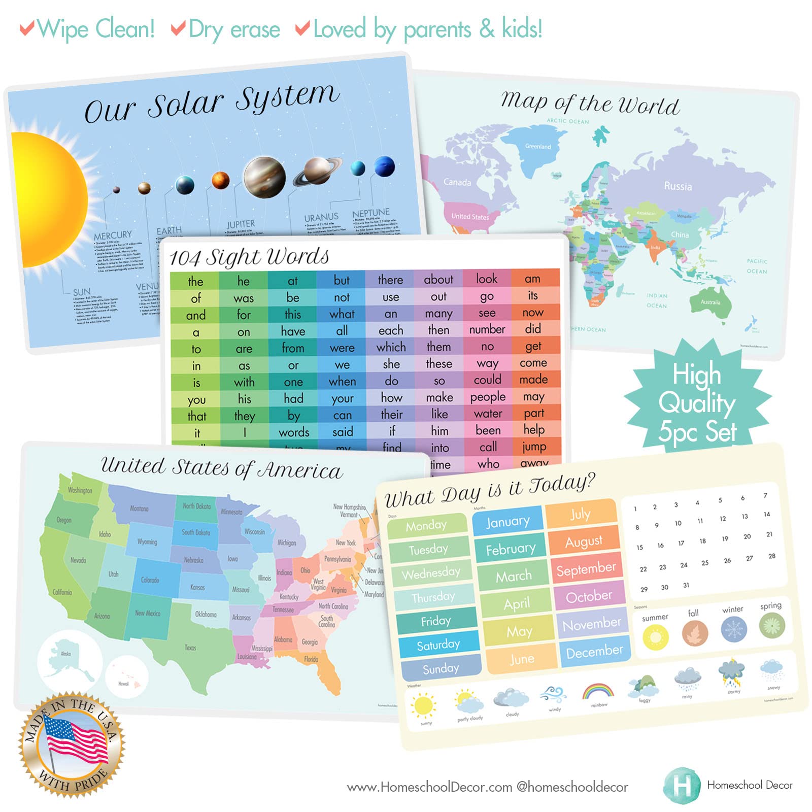 Homeschool Decor - Educational Kids Placemats for Dining Table and Classroom Days , Months & Weather , Sight Words , World map , USA map & Solar System , Durable Plastic Set of 5