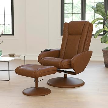 BizChair Massaging Multi-Position Plush Recliner with Side Pocket and Ottoman in Brown LeatherSoft