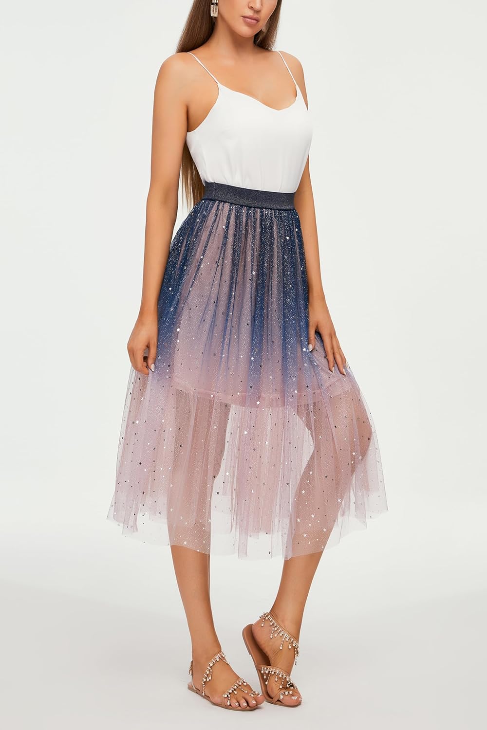 Women's Galaxy Gradient Pleated Tulle Midi Skirt with Shimmering Silver Moonlit Star Accents