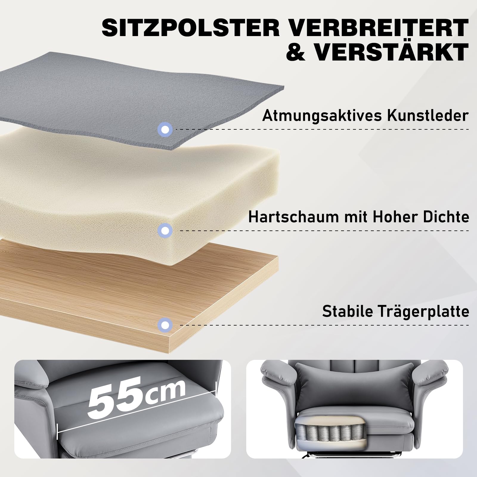 Hellove Bürostuhl mit Fußstütze & Lordosenstütze – Ergonomischer Chefsessel 135° Neigung, Feste Armlehnen, PU-Leder, Höhenverstellbar bis 200 kg für Homeoffice, Grau