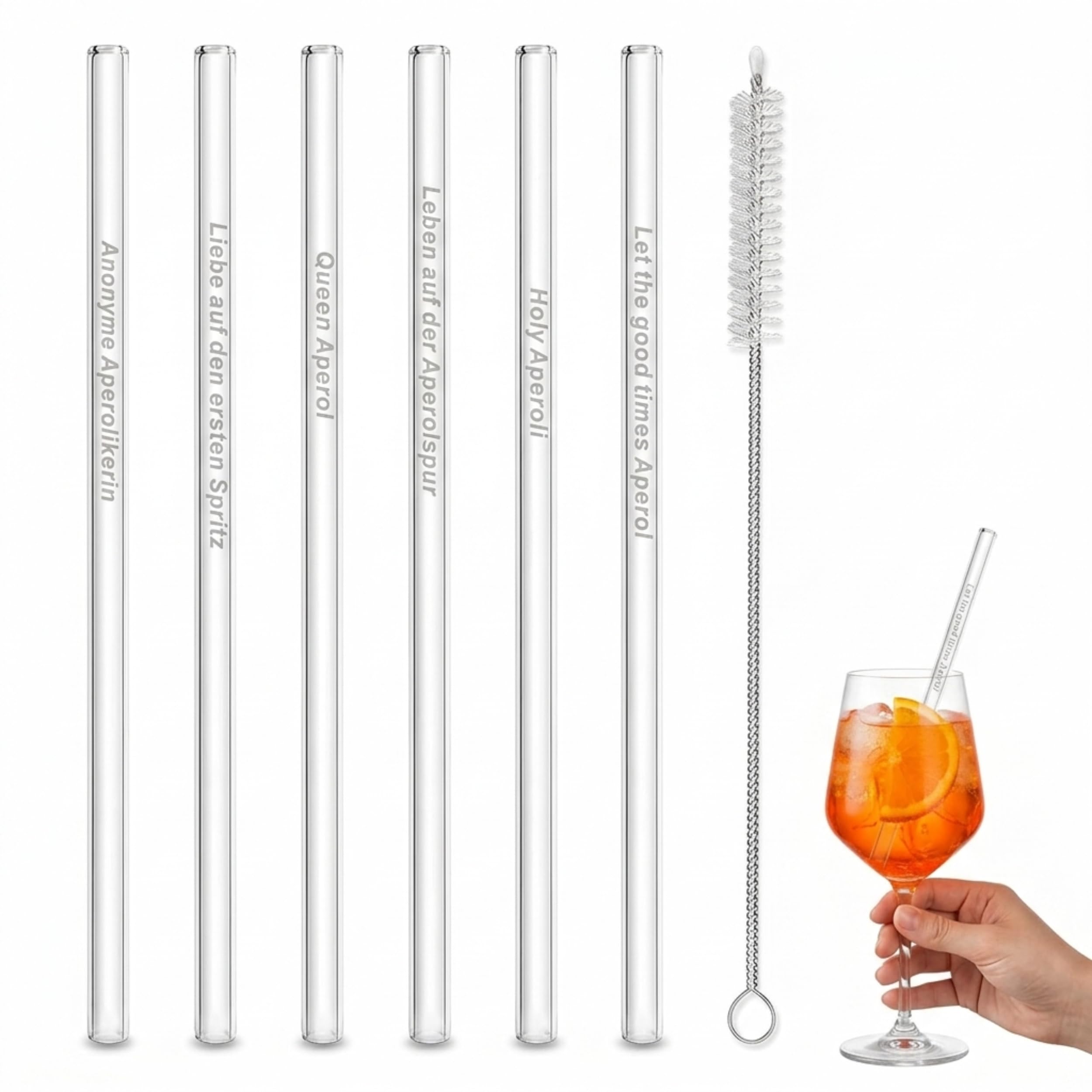 IUSOT 6er Set Glasstrohhalme mit Sprüchen 20 cm - Glas Stroh