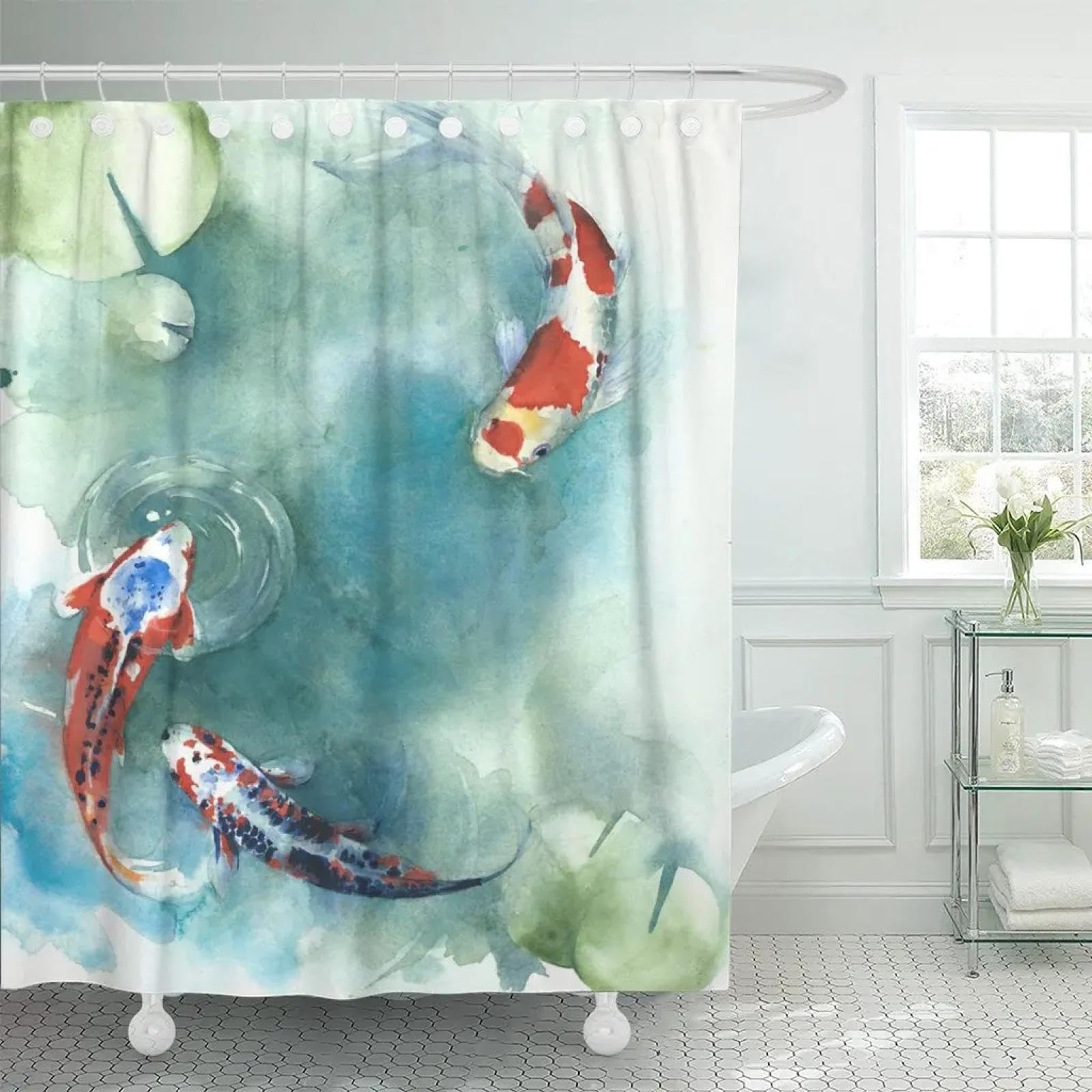 Duschvorhang, bunter Karpfenfisch, Japanisches Symbol, Teichfarbe, Malerei, orange, asiatischer wasserdichter Polyesterstoff mit Haken, 200 x 200 cm (78,74 x 78,74 Zoll)