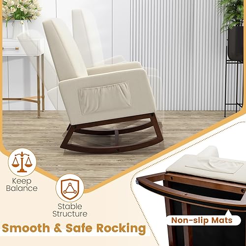 Miniatura 6 de KOMFOTT Mecedora tapizada, para sala de estar, ocio, con marco de madera de goma, sillón decorativo con respaldo alto y bolsillo de almacenamiento,