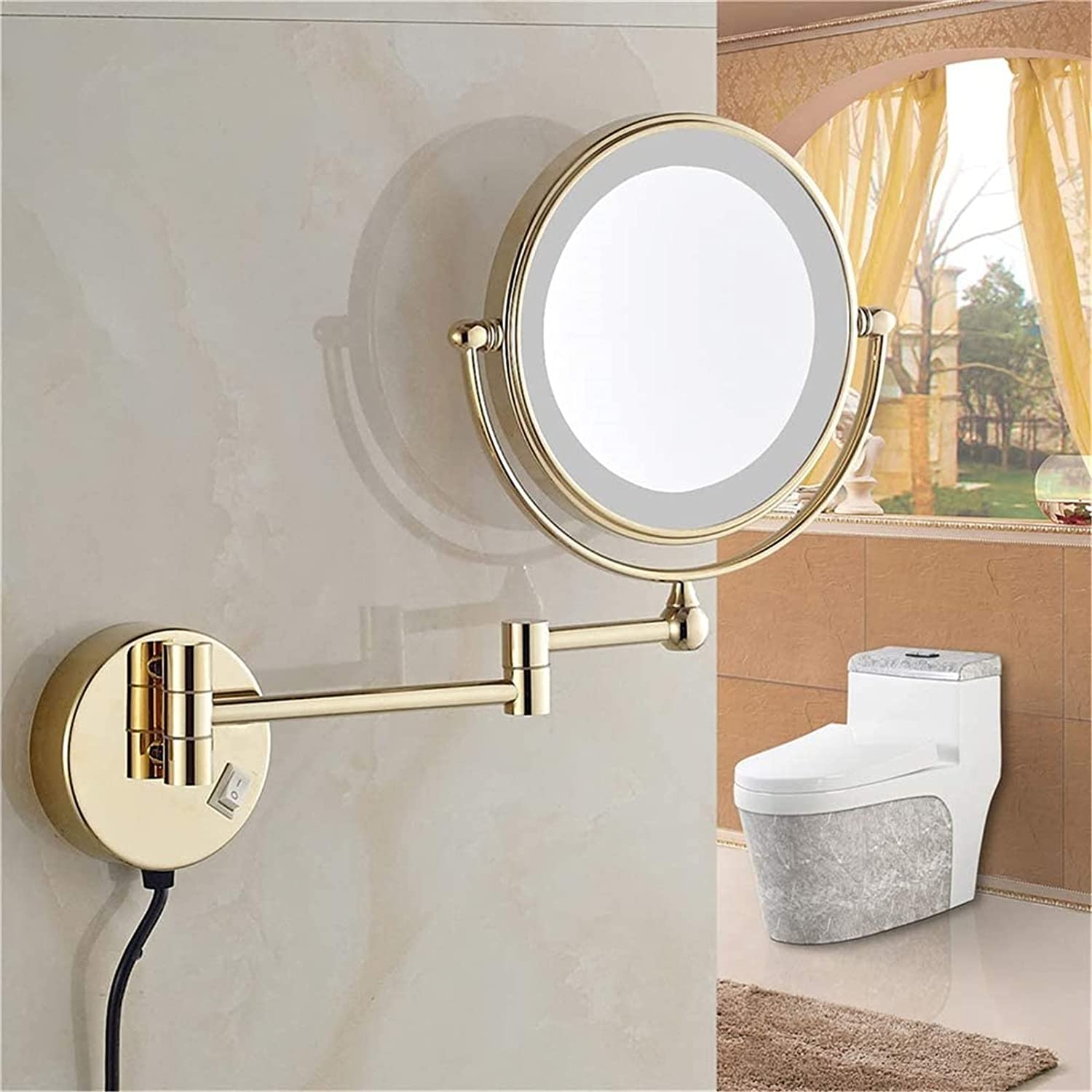 Espejo de Maquillaje montado en la Pared con Aumento, Espejo de tocador LED de Doble Cara for baño con extensión giratoria de 360 ​​° Dorado de 8 Pulgadas, con Enchufe