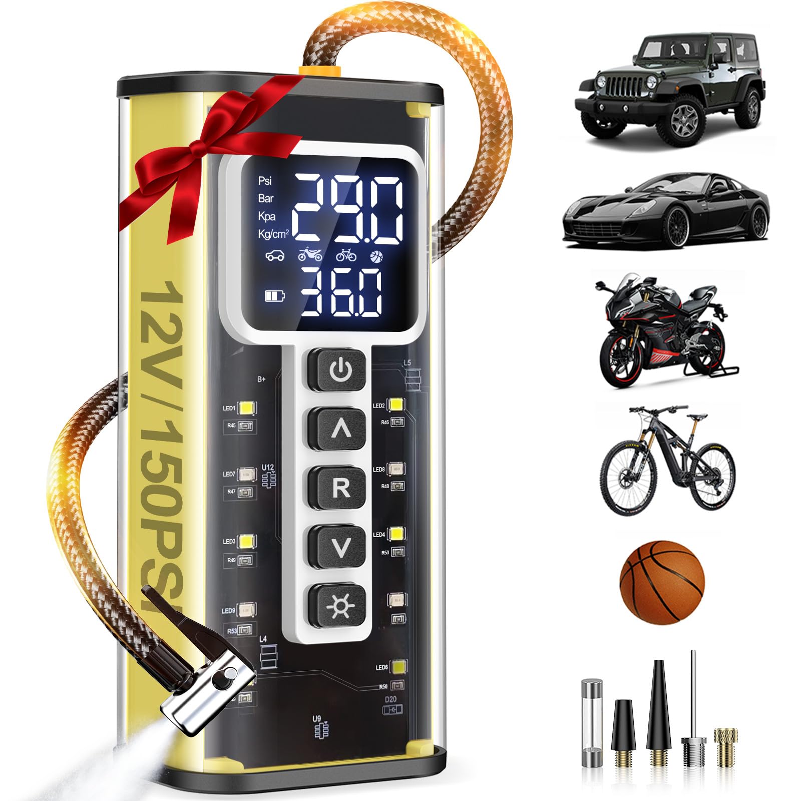Tire Inflator Portable Air Compressor, 150PSI & 20000mAH Battery Auto Air Pump for Car Tires, Portable Tire Inflator for Car with Pressure Gauge, Pocket Air Compressor for Cars, Bike, Motorcycle, Ball