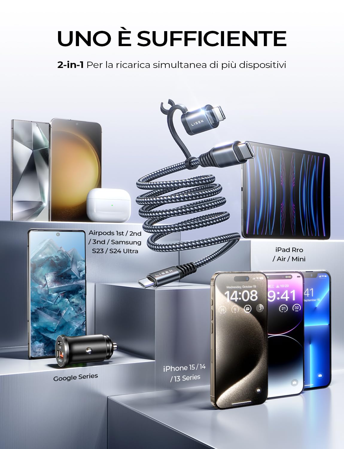 LISEN Caricabatterie Auto USB C – PD36W + QC3.0 Con Cavo 2in1 – Adattatore Accendisigari Per IPhone, Samsung, OPPO - 2