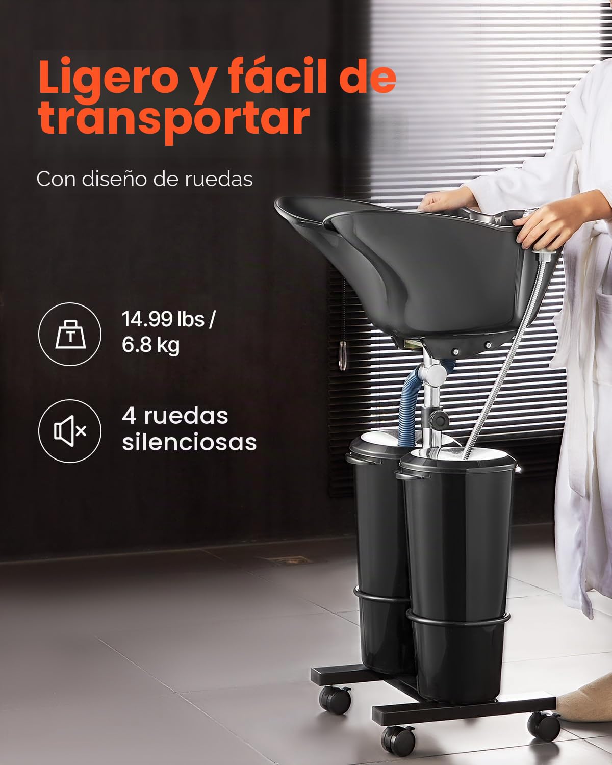 VEVOR Lavabo Portátil para Champú con Bomba Eléctrica, 2 Baldes, 2 Cabezales de Ducha, Manguera de Drenaje, Lavabo para Champú Portátil Ajustable en Altura y Ángulo para Uso en Salón Doméstico, Negro