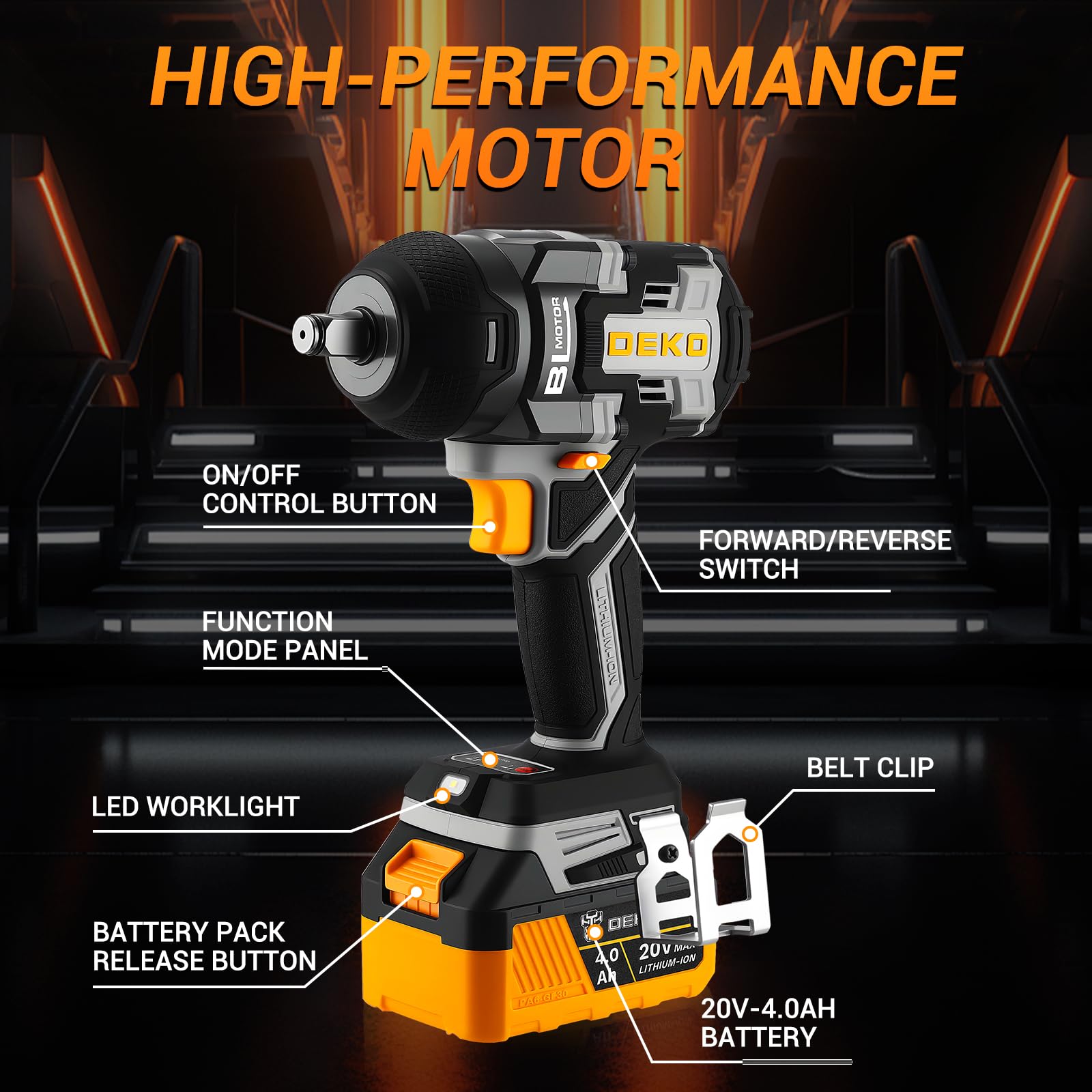DEKOPRO Avvitatore a impulsi Brushless 800Nm 20V Avvitatore a Percussione con Batteria 4,0 Ah, 4 Bussole (17/19/21/22 mm), Gancio da Cintura, Ideale per Auto, Moto e Lavori in Casa