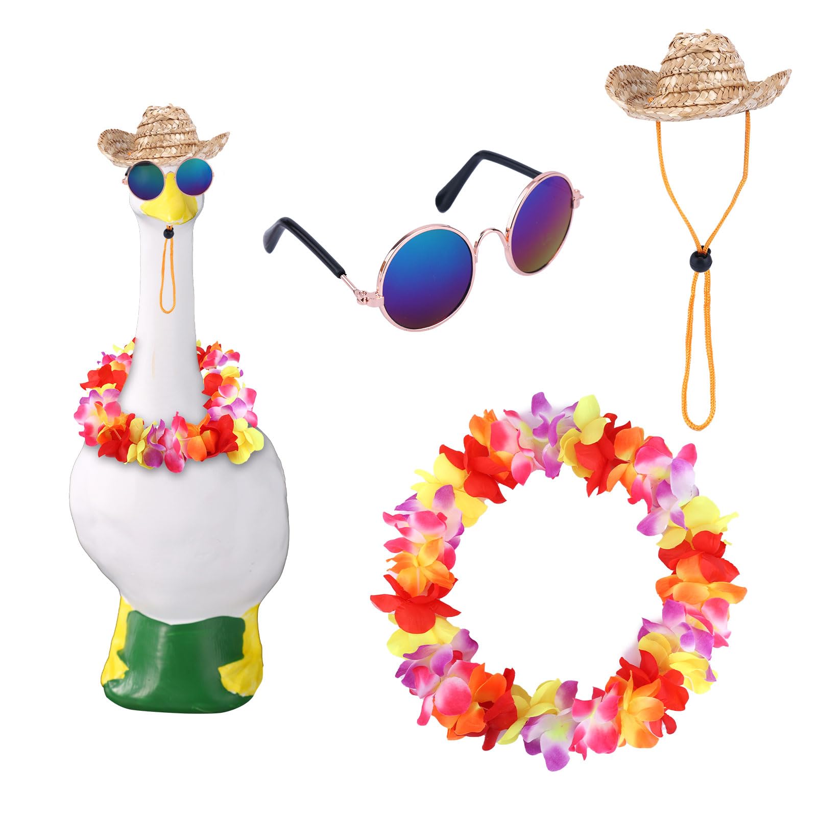 BOXOB Porch Goose Outfit, Summer Porch Goose Clothes with Cute Sunglasses Adjustable Hat Hawaiian Garland Colorful Costume for Garden Retro Pet Cosplay Party Patio Yard