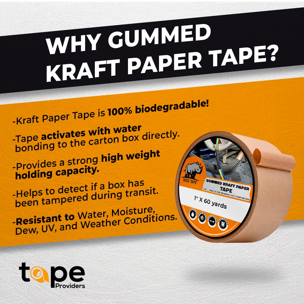 WOD WATWTH Eco-Friendly Brown Gummed Kraft Paper Tape - 3 inch x 450 ft. (Pack of 1) Shipping Tape Water Activated for Packing Boxes, Shipping, & Sealing