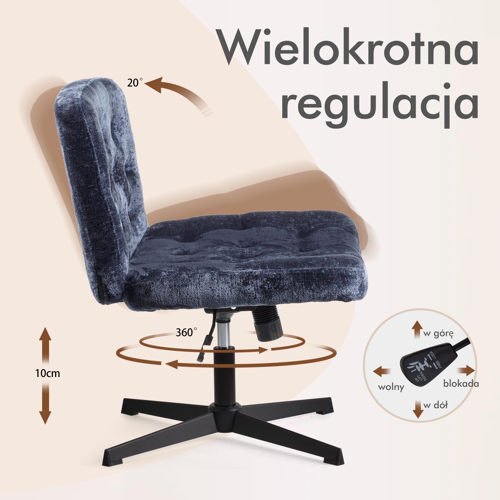 Krzesło na biurko bez ramion, krzesło z szerokim siedziskiem do sypialni, wyściełane krzesło do makijażu z tkaniny, krzesło ze skrzyżowanymi nogami (Niebieski)