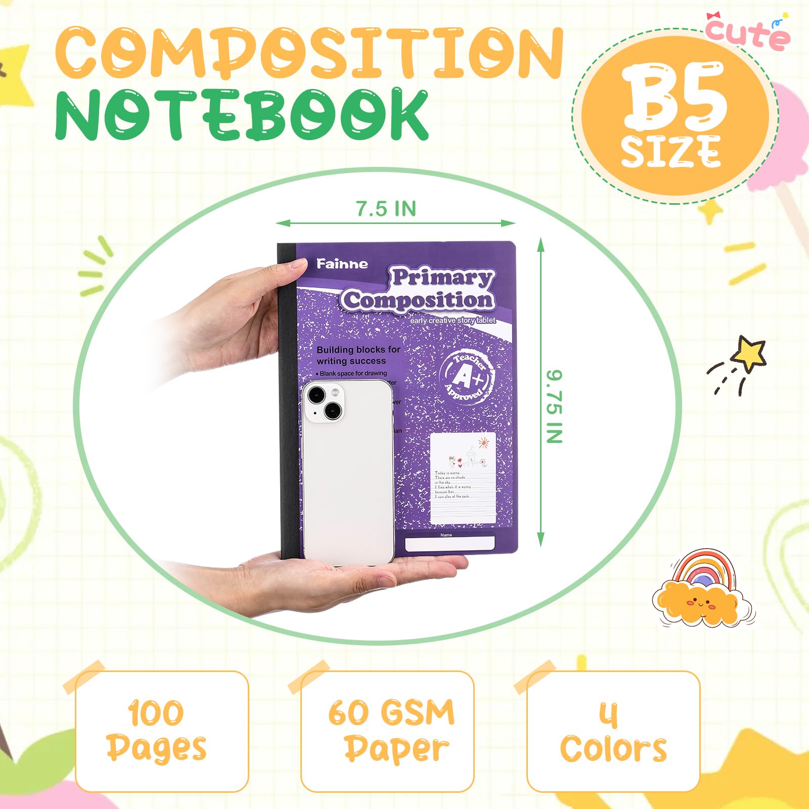 Fainne 50 paquetes de cuadernos de composición primaria, diario primario a granel, grado K-2, 9 3/4 x 7 1/2 pulgadas, libro de composiciones a rayas para niños para dibujar y escribir suministros