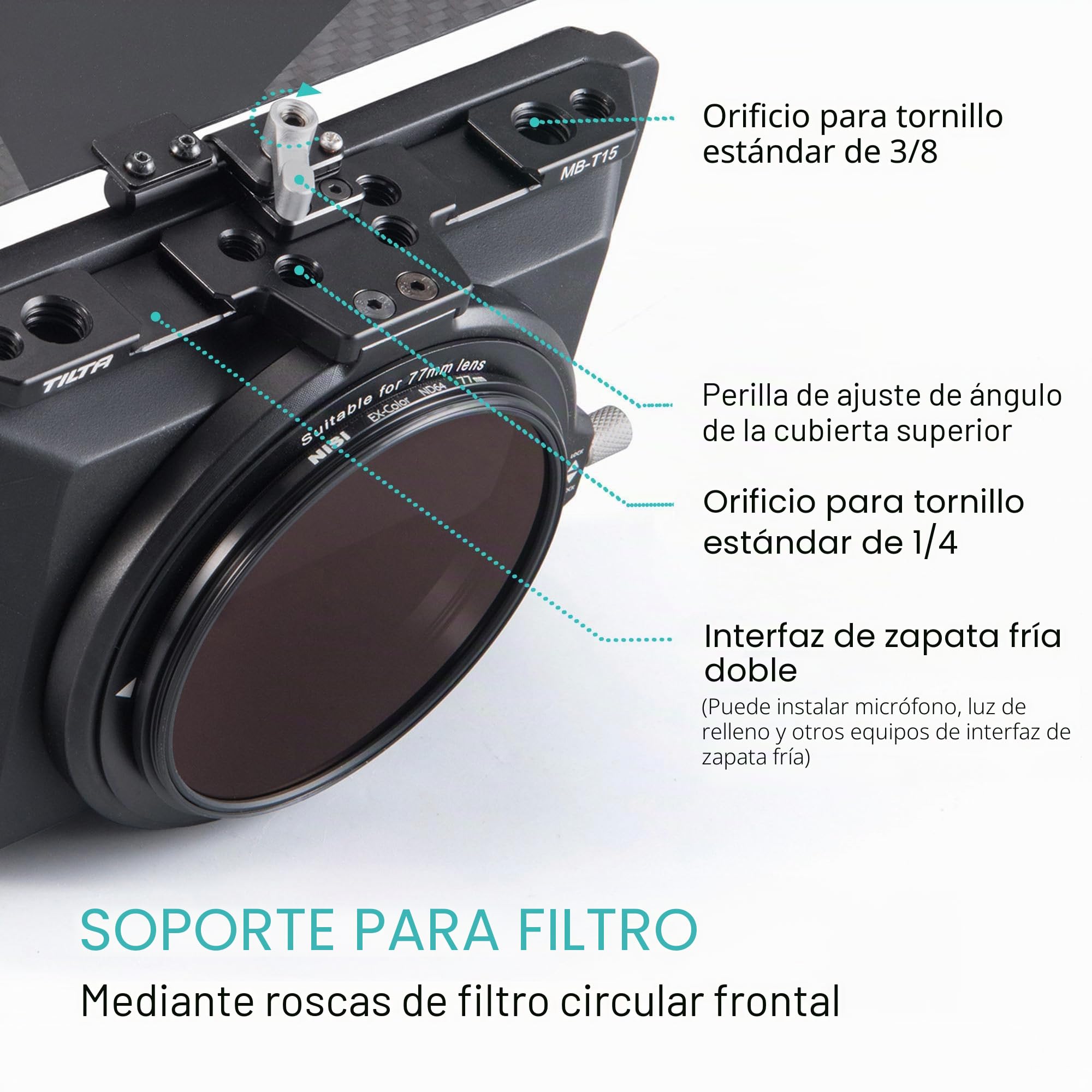 Tilta Mini Matte Box Caja Mate 4x5.65 Marco de Filtro para cámaras DSLR sin Espejo, con Anillo Adaptador de Lente de 67 mm/72 mm/77 mm/82 mm Soporte de Varilla de 15 mm Ligero MB-T15