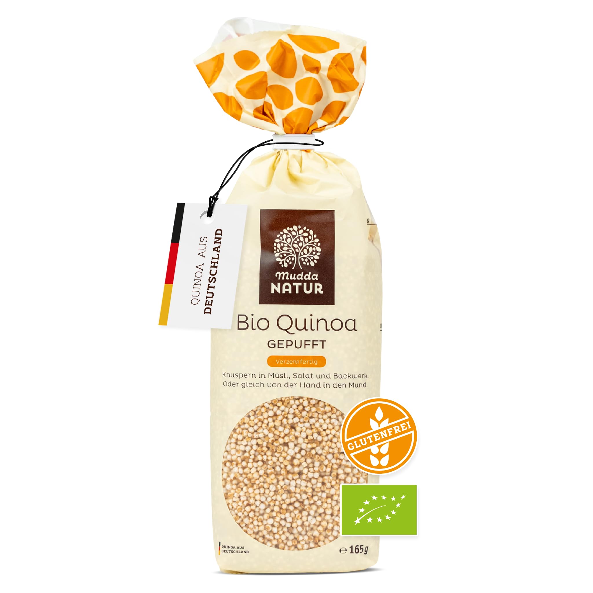 Mudda Natur Bio Vollkorn Quinoa - gepufft - (6x165g), angebaut in Deutschland - glutenfrei & frei von Bitterstoffen, perfekt für Müsli, Porridge & als Topping für leckere Bowls