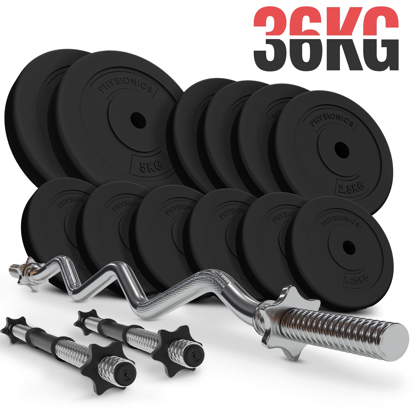 Physionics® Kit Barre Disques Poids - 36/56/76kg, Curl EZ 120cm/Ø30mm, Plaques Ø31mm - Gym, Fitness, Musculation