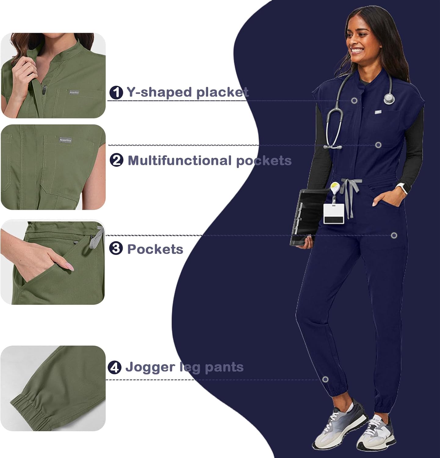 Scrubs Set for Women,Soft Stretch Jumpsuit & Jogger with Multi Pocket for Nurse Esthetician Workwear