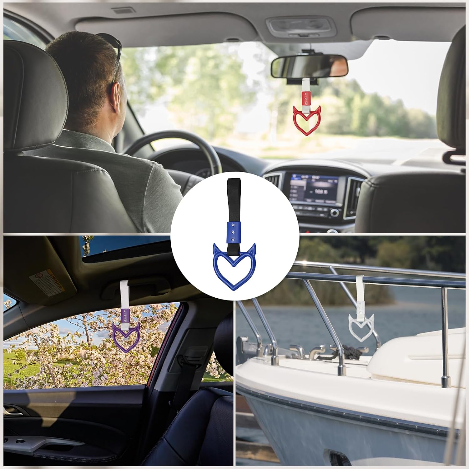 PATIKIL 2 Pcs Evil Heart Shaped Car Handle Straps, Car Hanging Accessories Bumper Warning Ring Drift Charm for Auto Bus Decor Interior Exterior Decoration, Blue (Black Strap)