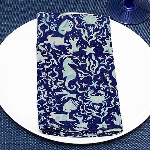 Miniatura 2 de Sweet Pea Linens Servilletas de tela con estampado de caballito de mar y conchas de mar azul y verde, juego de cuatro