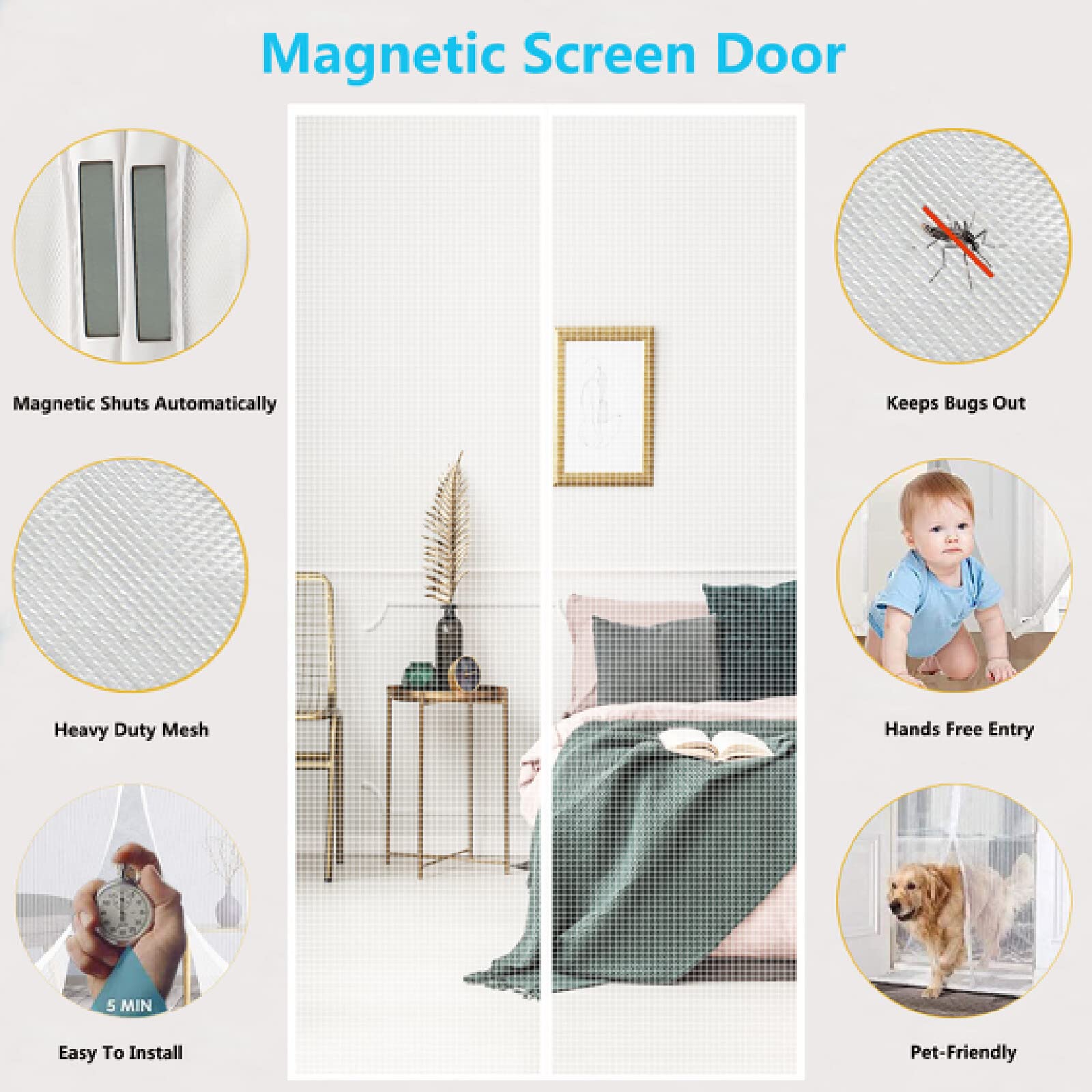 Magnetisches Moskitonetz Für Türen – 185x250 Cm, Selbstschließend, Ohne Bohren (weiß)