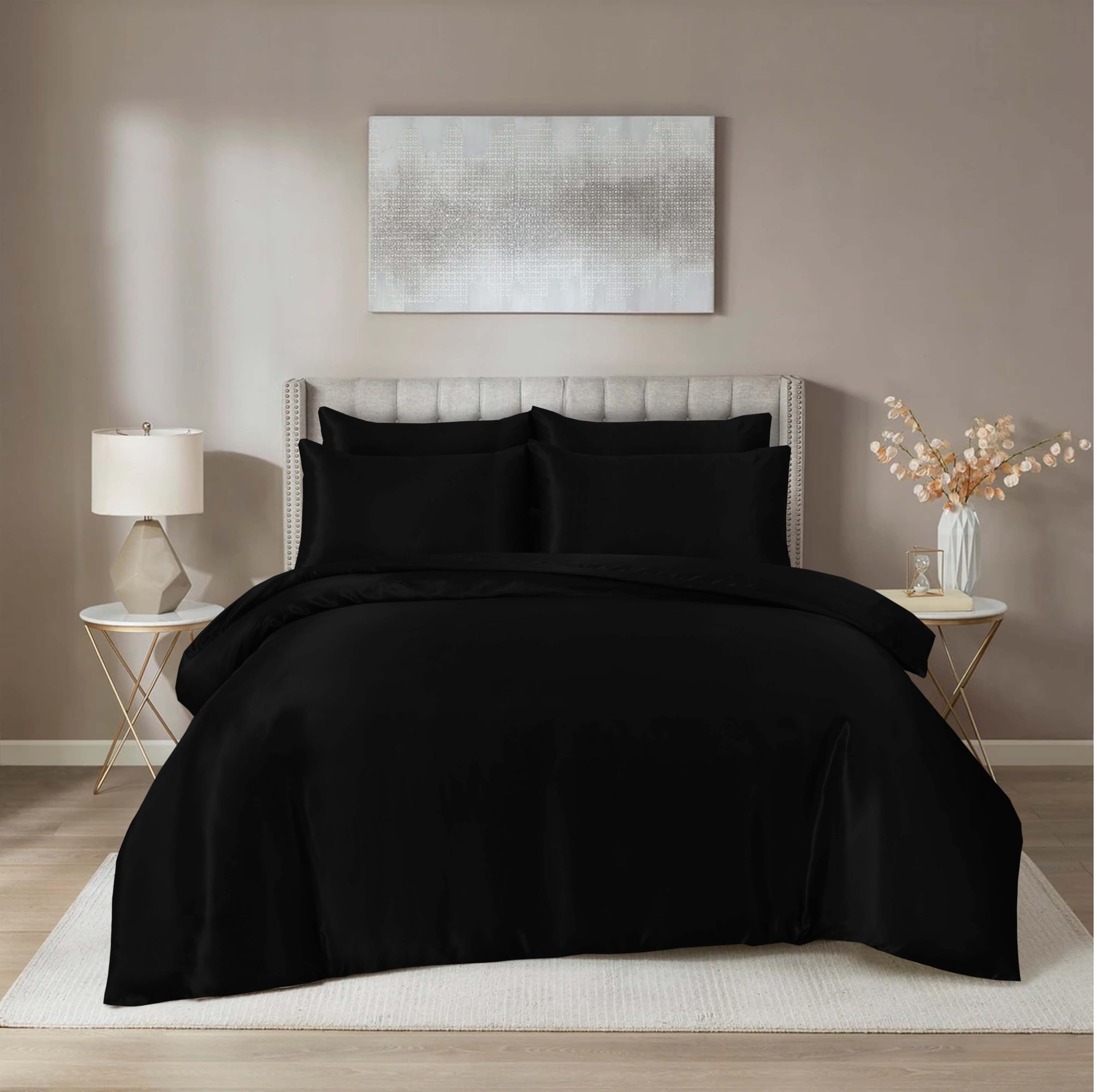 Hadi London Satin Silk 6 Piece Complete Bedding Set with Silky Deep Fitted Sheet Reversible Duvet Cover Comforter & 4 Pillowcases for Single Double King Super King Size Bed (Black, Single)
