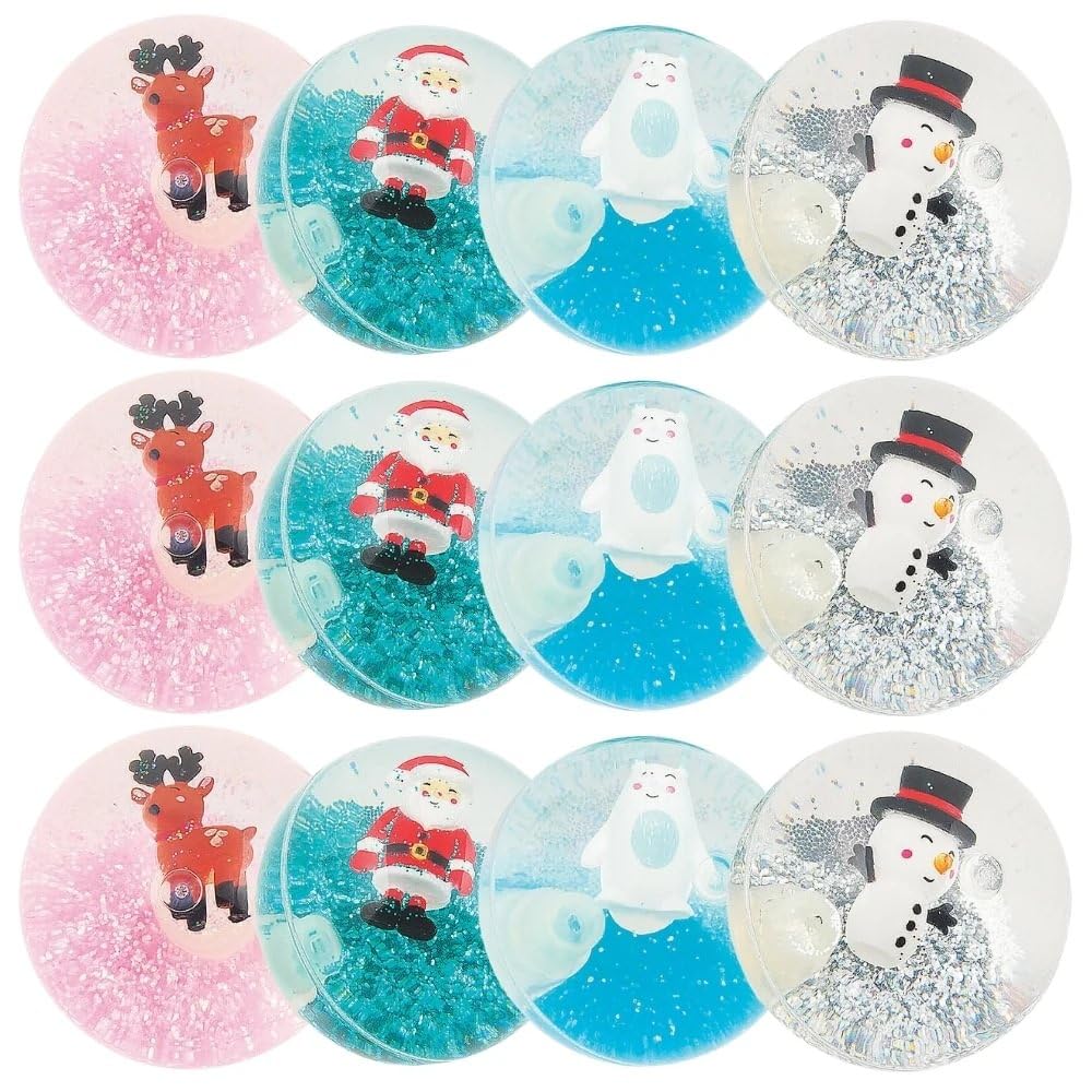 Fun Express Christmas Bouncy Balls for Kids Party Favors - 12 Pack Glitter Water Filled Holiday Bounce Balls with Santa, Snowman Characters | Perfect