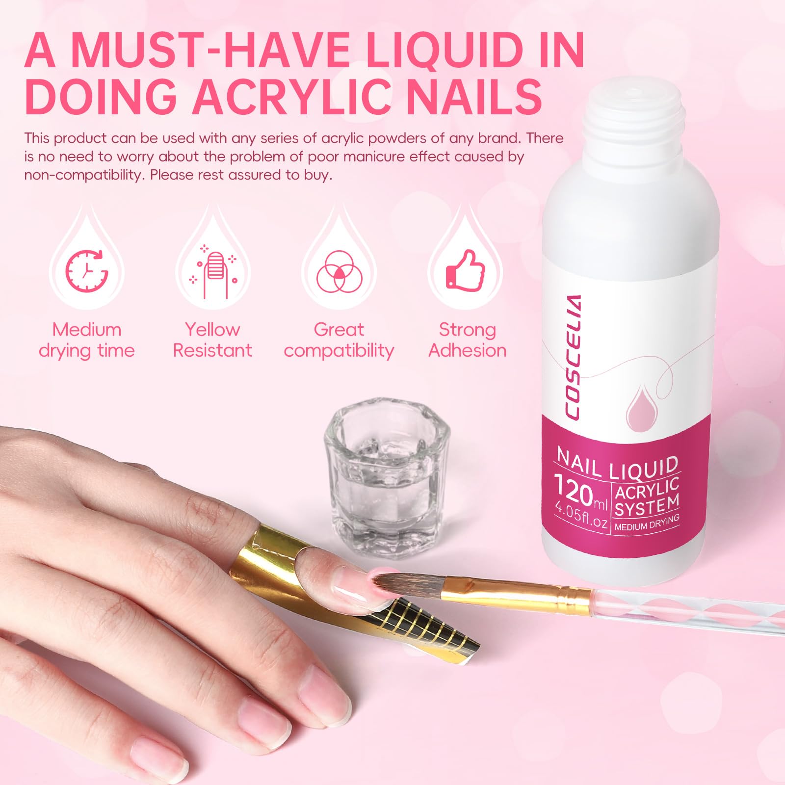 COSCELIA Kit Uñas Acrilicas,Acrilico Para Uñas Profesional Con 120ml Monómero y 3 Colores Acrilico Polvo,36W U-V/LED Lámpara,Adecuado para Principiantes Expertos,8ml Uñas de Gel Top Coat Manicure Set